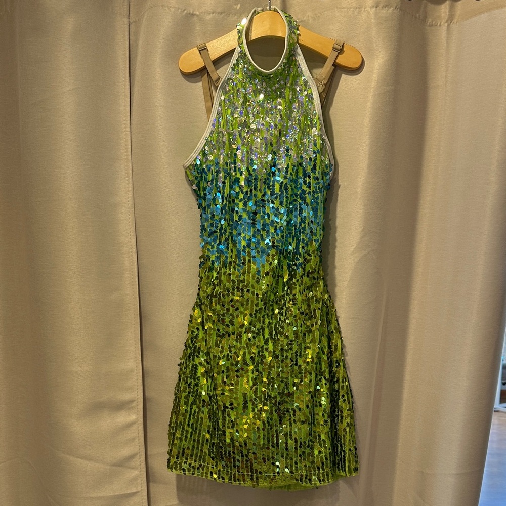 Glamorous Sequin Halter Mini Dress in Green and Blue